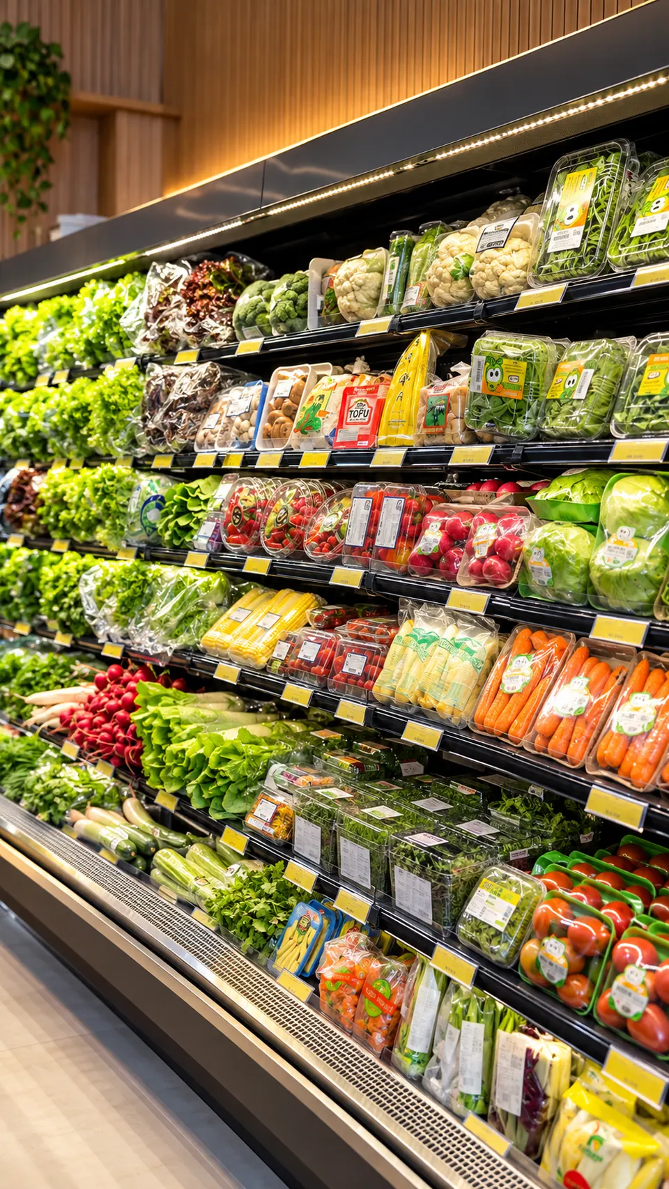 Verduras e hortaliças frescas em gôndola refrigerada